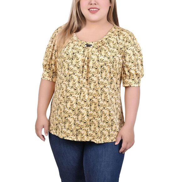 NWT Ny Collection Size Top with Short Balloon Sleeves Yellow Black Floral 3X - Picture 1 of 5